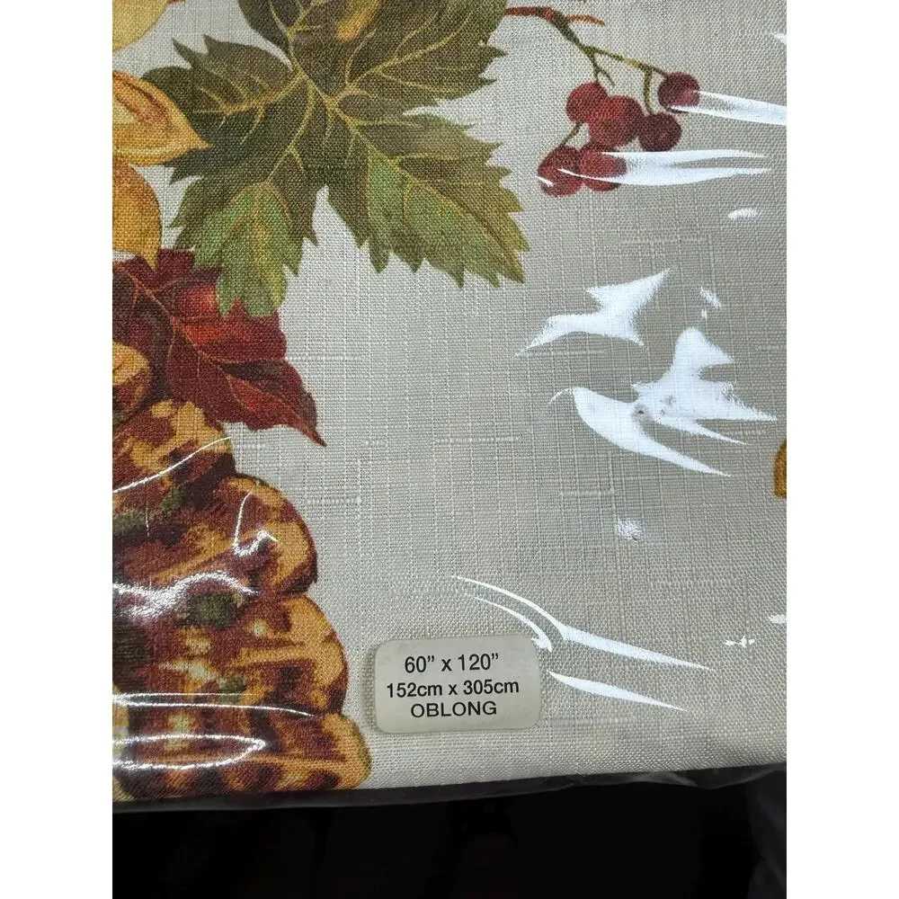Thanksgiving Turkey Pumpkin Tablecloth, Fall Harvest Print Linen, 60x120 Oblong